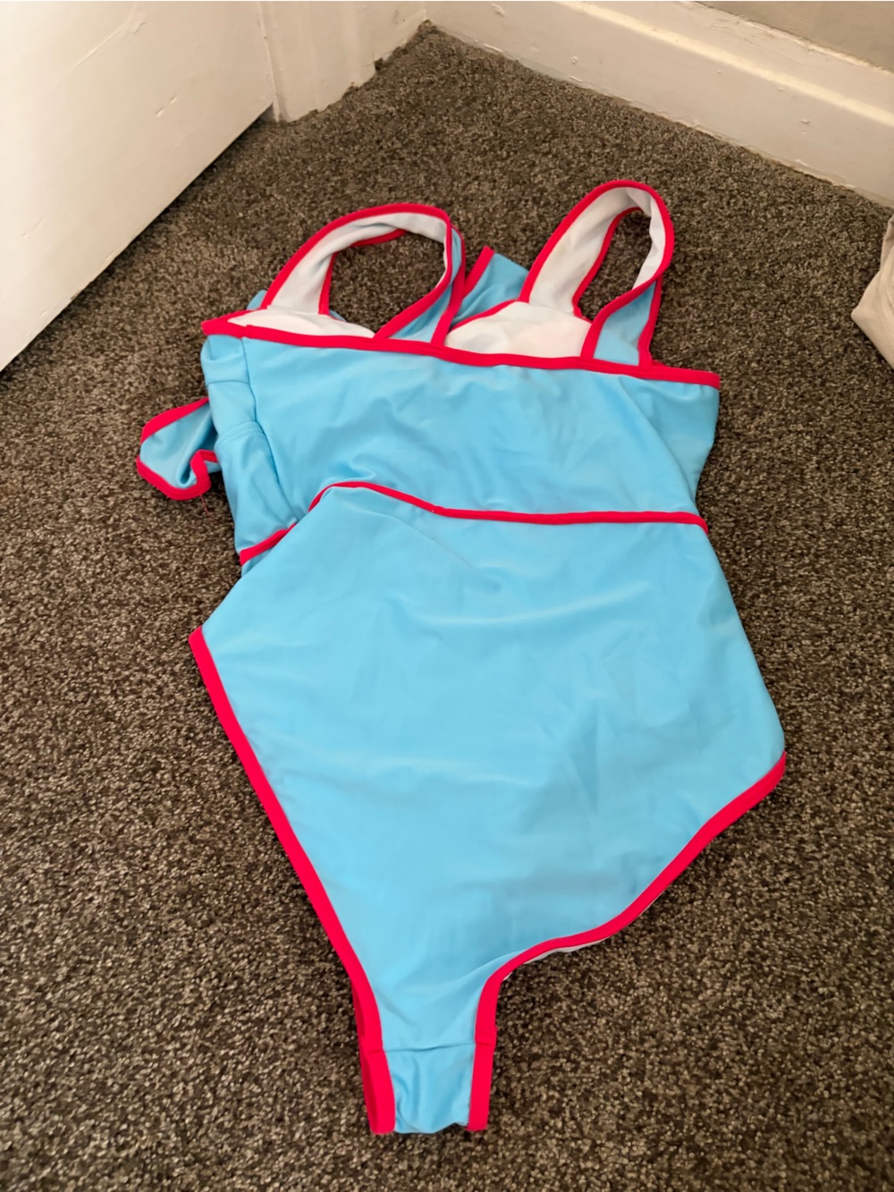 Blue One-Piece Swimsuit with Pink Trim and Bow - Picture 2 of 2